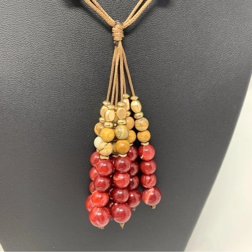 Boho Red and Brown Beaded Tassel Long Necklace